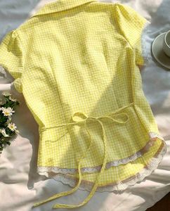 Cute Yellow Gingham Lace Trim Top