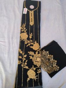 Elegant Black unstitched Suit with Golden Embroid