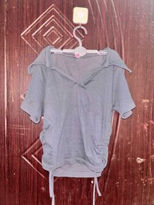 Grey Ruched Collared Neck Top
