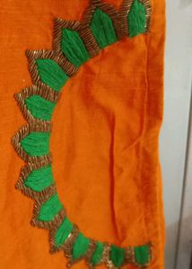 Vibrant Orange Kurta with Green Embroidery