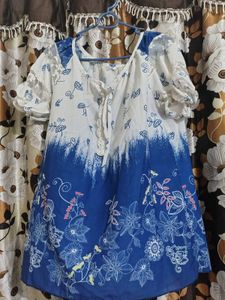 Blue Floral Print Sheer Sleeve Top
