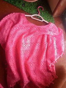 Pink Crochet Poncho Top with Tassels