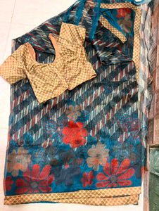 Beautiful Blue Floral Saree with Blouse