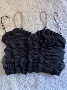 Bershka Chic Black Ruffled Crop Top