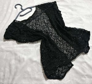 🎁Boho Black Crochet Open Knit Cardigan M