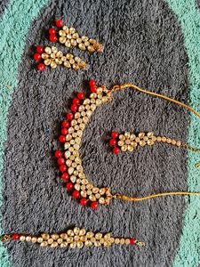 Red Beads With White Stones Neck Set