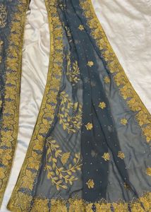 Elegant Grey Saree with Golden Embroidery