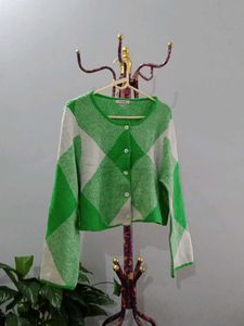 Green & White Argyle Cardigan