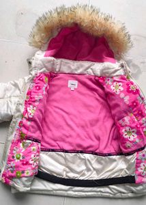 Girls' White Puffer Jacket with Pink Trim