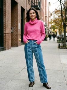 Pink Turtleneck Sweater & Patchwork Jeans