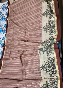 Zari Embroidery Handblock print ChanderiSilk Saree