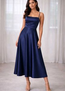 Navy Blue Satin Midi Dress
