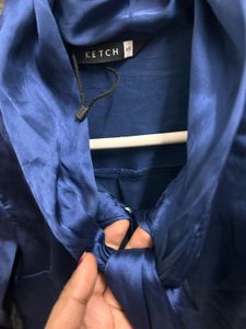 Elegant Navy Blue Satin Bow Blouse