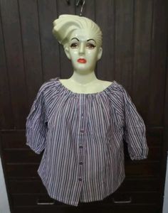 Striped Off-Shoulder Button-Up Top