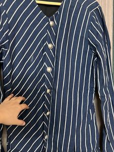 Navy &amp; White Striped Asymmetrical IndoWestern