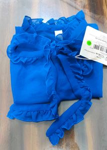 Royal Blue Ruffled Tie Neck Sleeveless Top