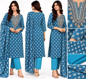 Blue Printed Kurta Set with Embellishment(unstitch