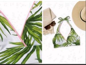 Tropical Leaf Print Halter Bikini Top