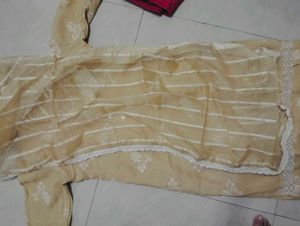 Cotton Liner Lace Work Set With Organza Dupatta
