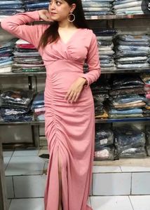 Elegant Rose Pink Ruched Maxi Dress with Full Slee