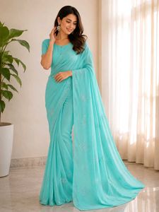 🩵Elegant Turquoise Saree with Embelli🩵shments