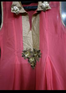 Designer Pink With Golden Work Kurti In Xl Size