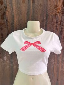 White Cropped Tee with Red Bow