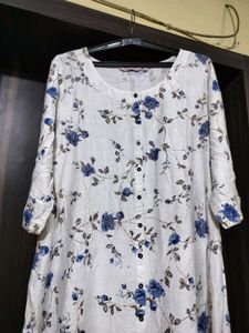 White Kurta with Blue Floral Print