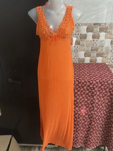 Elegant Orange Lace Trim Nightgown
