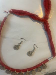 Red Thread Oxidised Necklace Set with Earrings