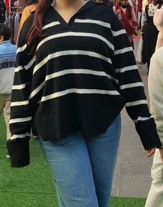 Striped V-Neck Knit Sweater