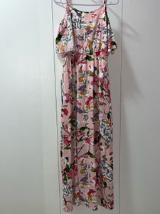 Romantic Pink Floral Print Ruffle Overlay Dress