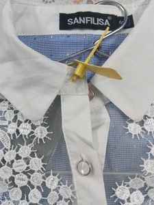 Elegant Blue Lace Detail Button-Up Shirt