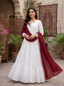 White Tiered Embroidered Gown with Red Scarf