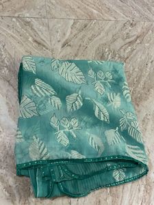 Beautiful Teal Leaf Print Saree
