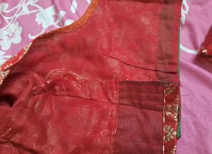 Red Brocade Blouse with Green Accents