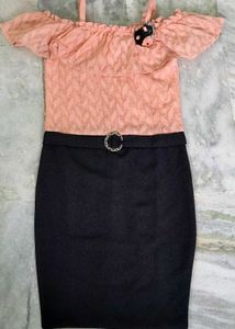 Cute Peach Off-Shoulder Top &amp; Black Skirt Set