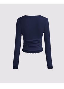 Navy Blue Lace Trim Long Sleeve Top