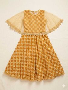 Elegant Golden Checkered Frock | (8-10year girl)
