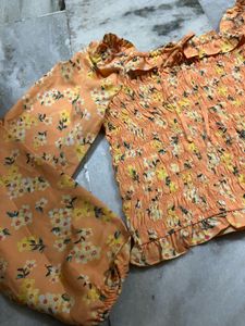 Orange Floral Smocked Puff Sleeve Top