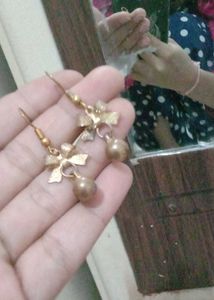 Gold Bow &amp; Pearl Drop Earrings