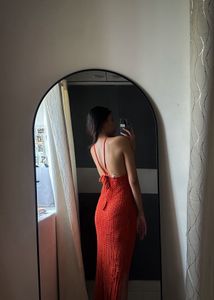 Orange Crochet Bodycon Maxi Dress | Halter Neck |
