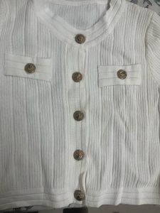 White Ribbed Button-Up Cardigan
