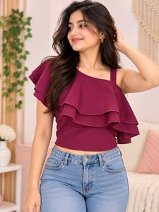 Stylish Maroon One-Shoulder Ruffled Top