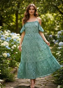 Green Print Off-Shoulder Maxi Dress