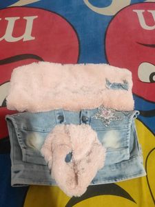 Sparkly Denim Vest with Fur Collar