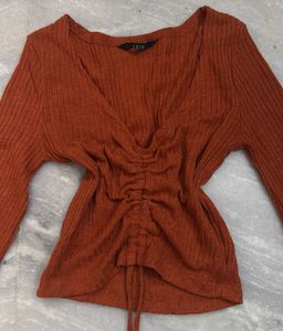 Ribbed Rusty Orange Flare Sleeve Top