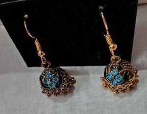 Gold Jhumka Earrings with Blue Stones