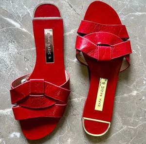 Zara Genuine LEATHER Red Basic Slides