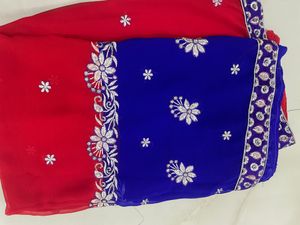 Embroidered Blue &amp; Red Sari